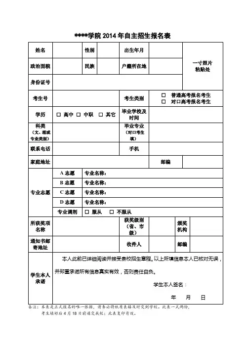 安徽工业职业技术学院2014年自主招生报名表【模板】