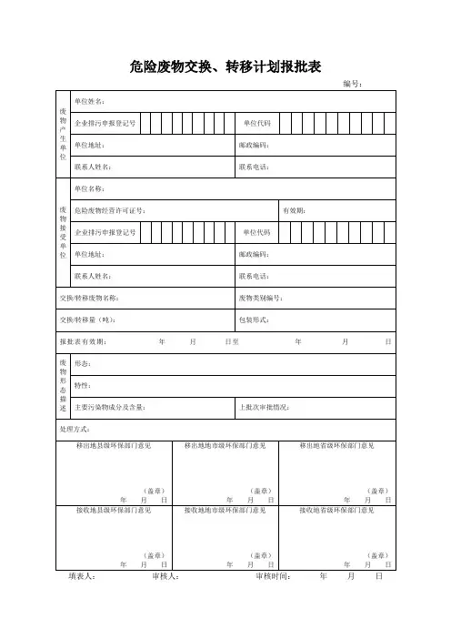 危险废物交换转移计划报批表