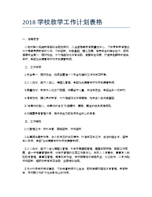 2018学校教学工作计划表格