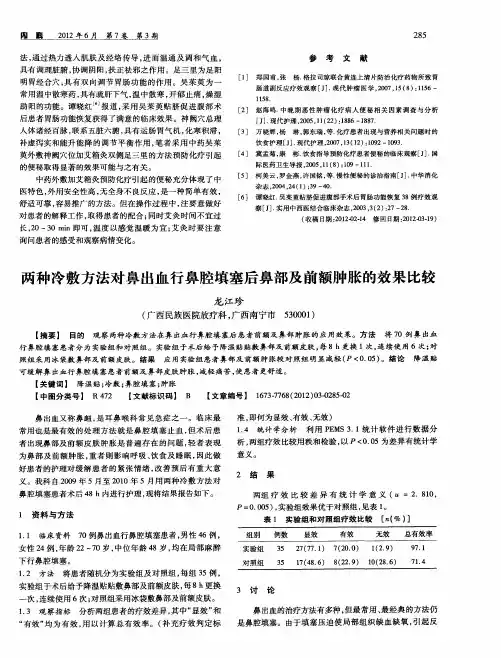 两种冷敷方法对鼻出血行鼻腔填塞后鼻部及前额肿胀的效果比较
