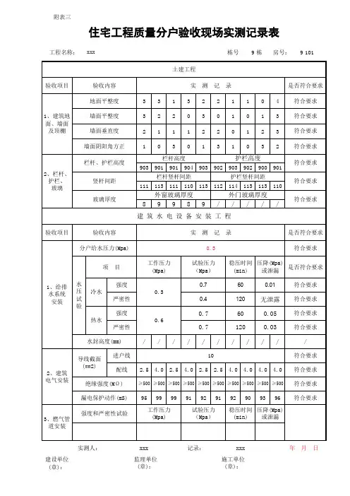 2号楼住宅工程质量分户验收现场实测记录表(含数据公式).xls