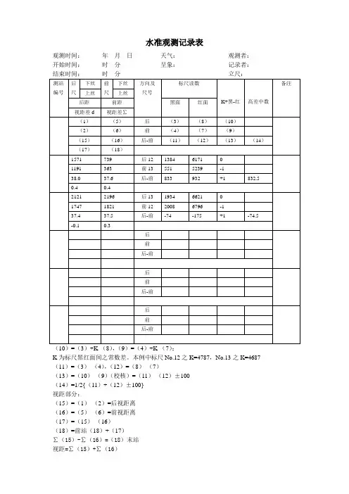 水准观测记录表(数据)