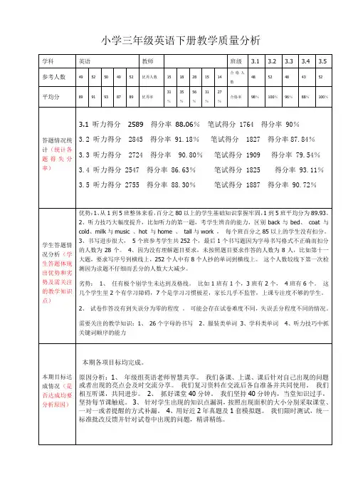 小学三年级英语下册教学质量分析