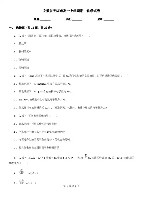安徽省芜湖市高一上学期期中化学试卷