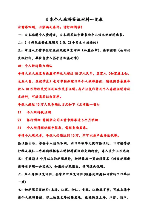 日本个人旅游签证材料及个人资料表