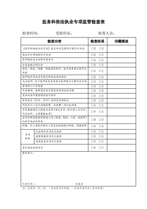 等级评审依法执业检查表(医务科持续改进)