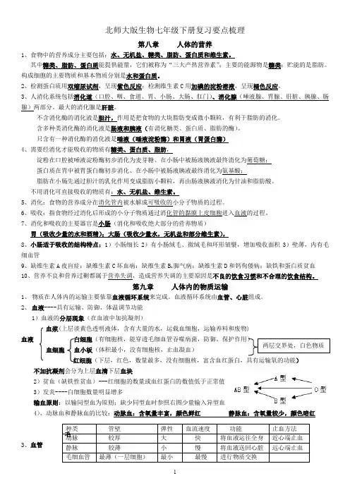 北师大版七年级下册生物复习提纲