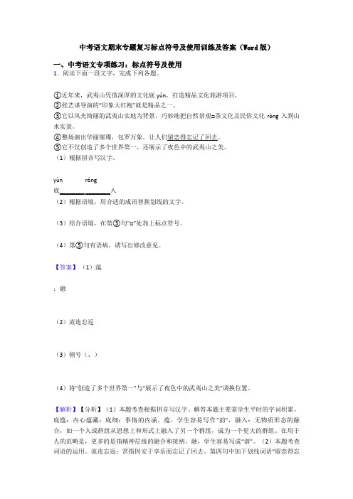 中考语文期末专题复习标点符号及使用训练及答案(Word版)