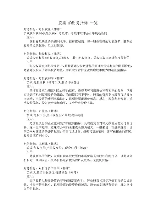 股票 的财务指标 一览