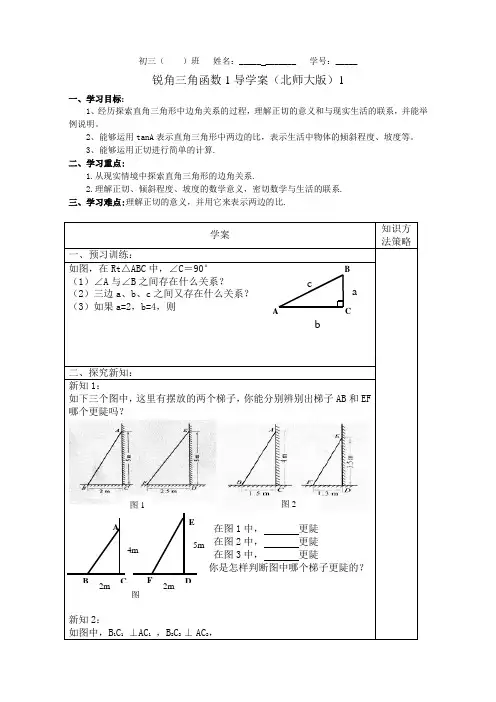 锐角三角函数1导学案(北师大版)