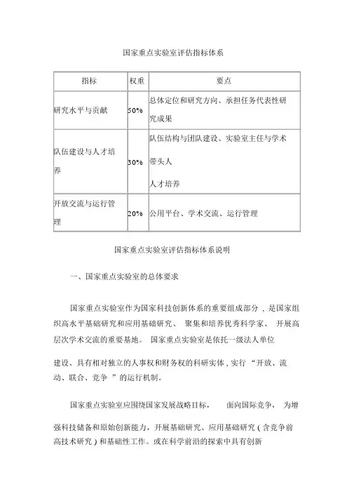 国家重点实验室评估指标体系