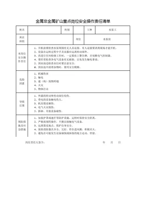 金属非金属矿山重点岗位安全操作责任清单(水泵工)
