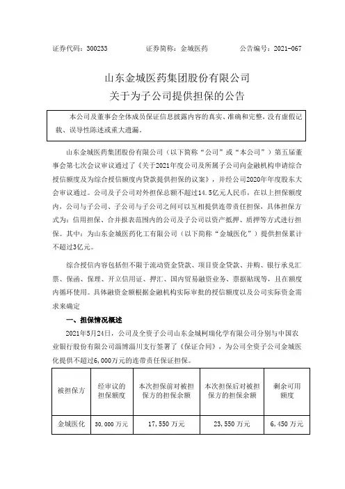 300233金城医药：关于为子公司提供担保的公告
