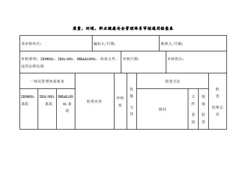 质量环境职业健康安全管理体系审核通用检查表