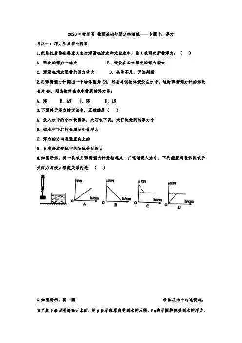 2020中考复习 物理基础知识分类演练——专题十：浮力(word版无答案)