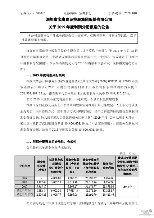 宝鹰股份：关于2019年度利润分配预案的公告