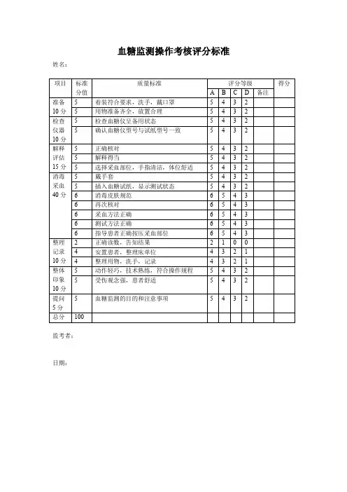 血糖监测操作考核评分标准