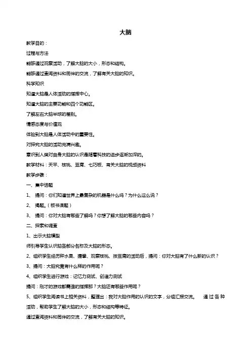 苏教版科学五年级下册《大脑》教案