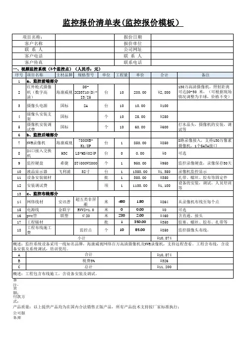 监控报价清单表-监控报价模板