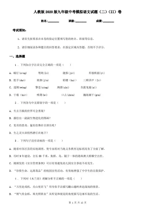 人教版2020版九年级中考模拟语文试题(二)(II)卷