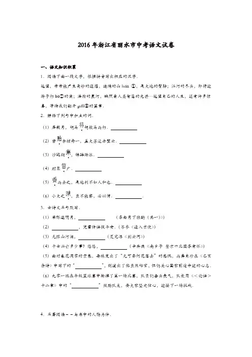 2016年丽水市中考语文试题及答案解析版