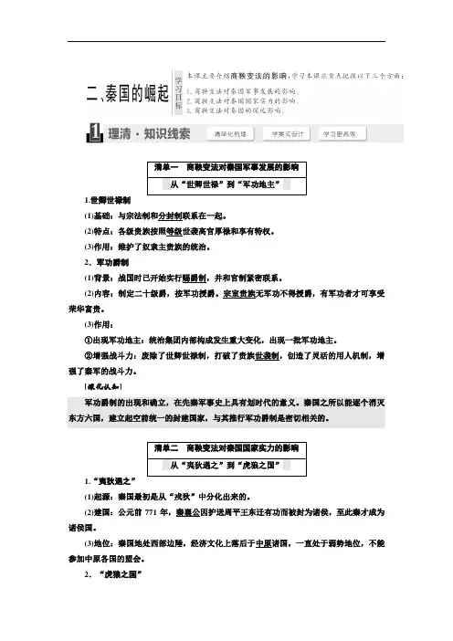精品选修1教学案：专题2 2 、秦国的崛起 Word版含答案