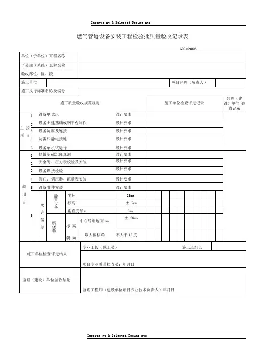 燃气管道设备安装工程检验批质量验收记录表