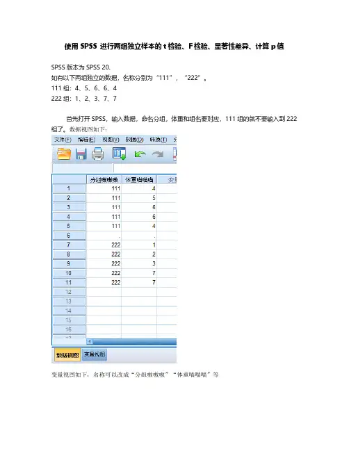 使用SPSS 进行两组独立样本的t检验、F检验、显著性差异、计算p值
