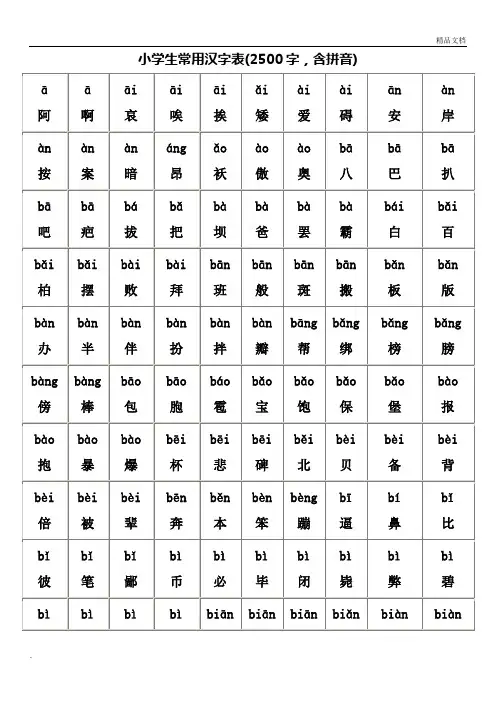 最好的小学生常用汉字表(2500字-含拼音)