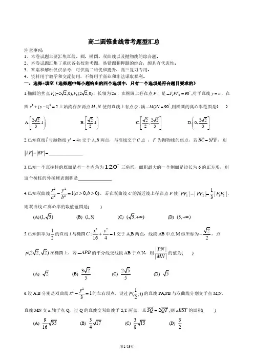 高二圆锥曲线常考题型汇总-含答案