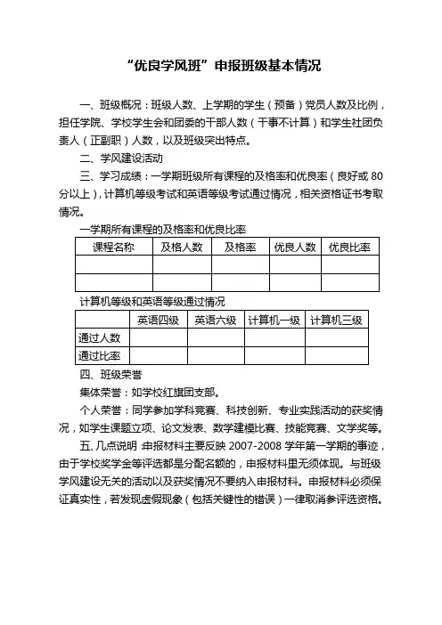 “优良学风班”申报班级基本情况