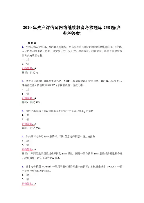 最新版精编2020年资产评估师网络继续教育考试题库258题(含标准答案)