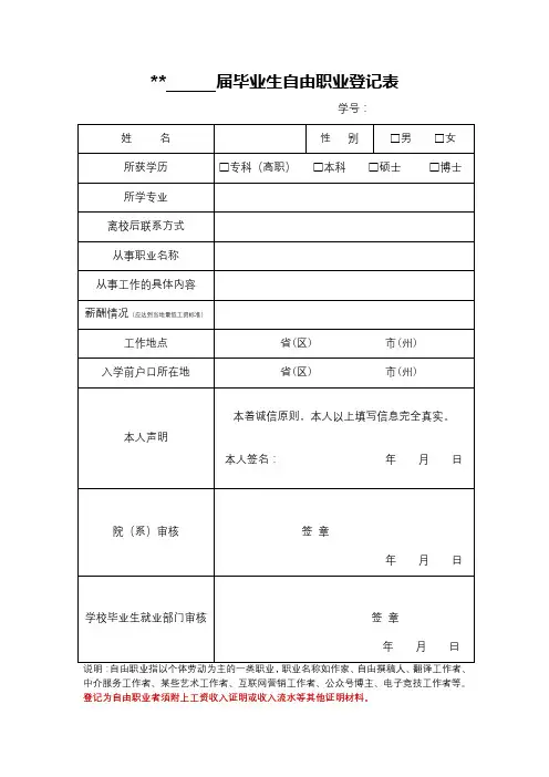 2024毕业生自由职业登记表(模板)