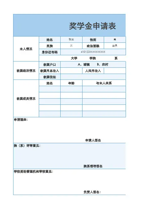 精美通用奖学金申请表模板