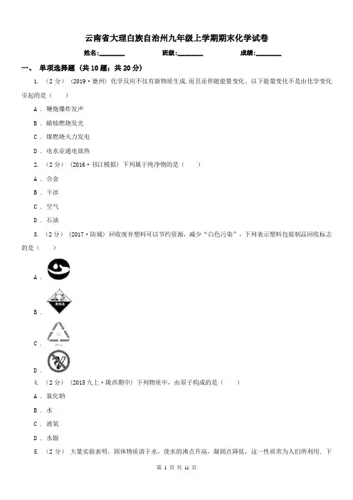 云南省大理白族自治州九年级上学期期末化学试卷