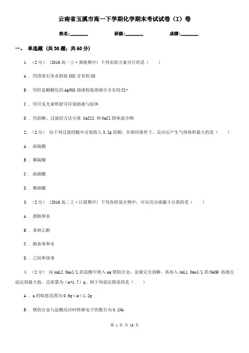 云南省玉溪市高一下学期化学期末考试试卷(I)卷