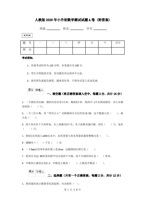 人教版2020年小升初数学测试试题A卷 (附答案)