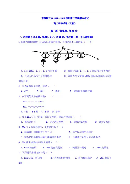 甘肃省嘉峪关市酒钢三中2017-2018学年高二下学期期中考试生物(文)试题+Word版含答案