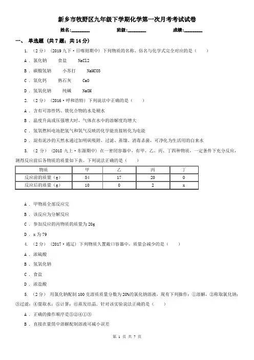 新乡市牧野区九年级下学期化学第一次月考考试试卷