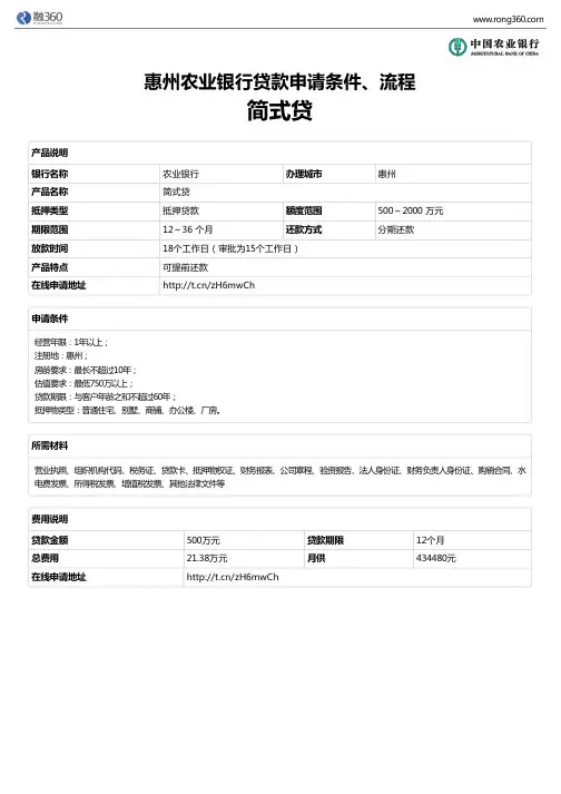 《简式贷》惠州农业银行-房屋抵押贷款-申请条件、材料、流程、利率