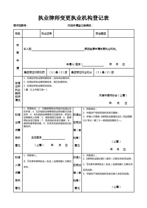 执业律师变更执业机构登记表