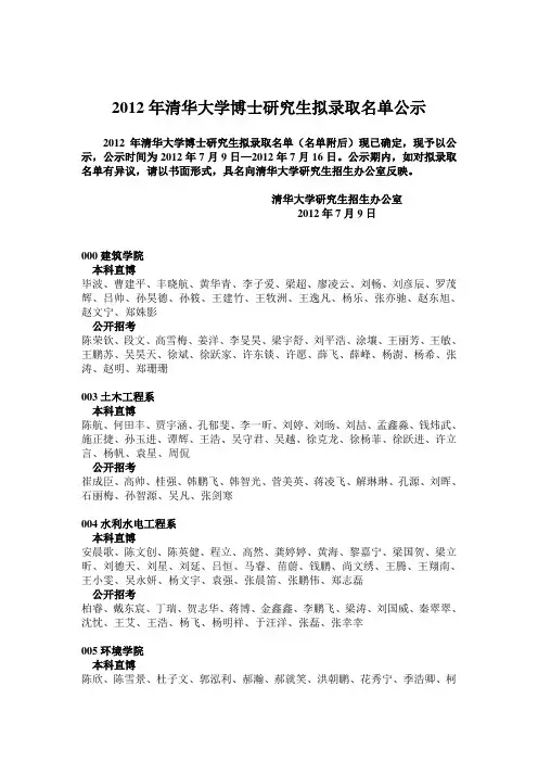 2012年清华大学博士研究生拟录取名单1