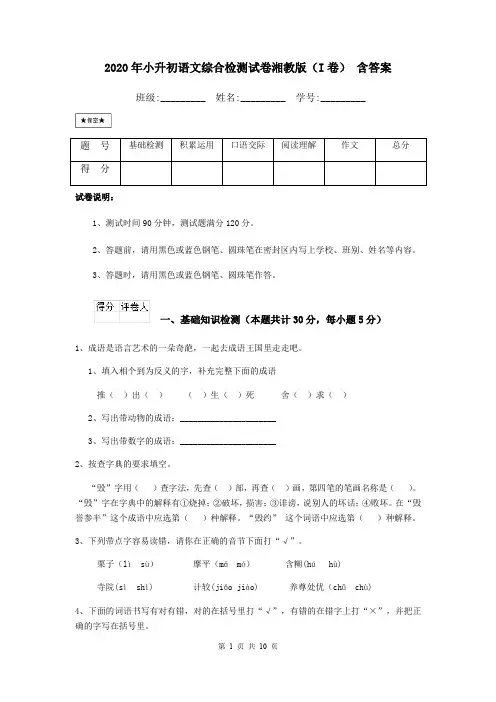 2020年小升初语文综合检测试卷湘教版(I卷) 含答案