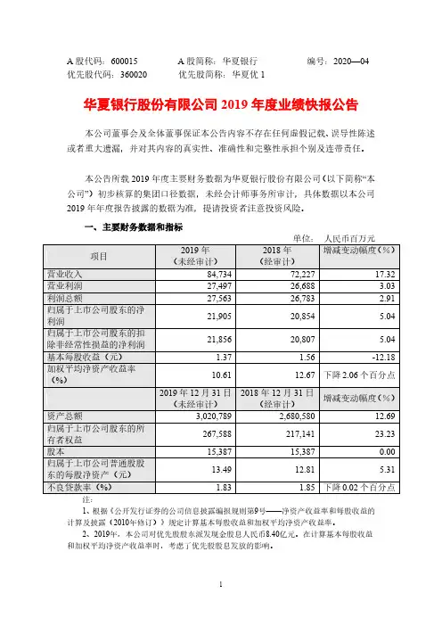 华夏银行：2019年度业绩快报公告