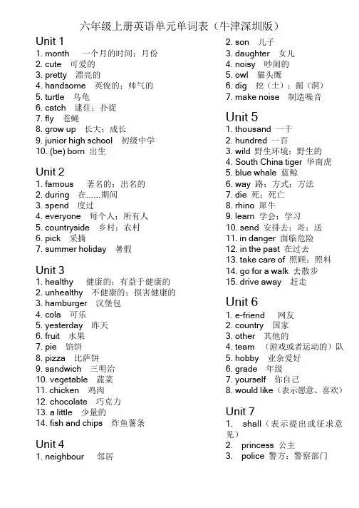 沪教版深圳六年级上册英语单元单词表