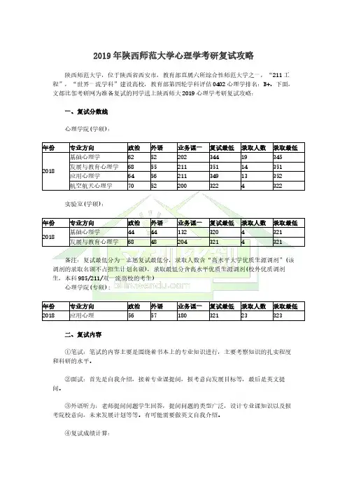 2019年陕西师范大学心理学考研复试攻略