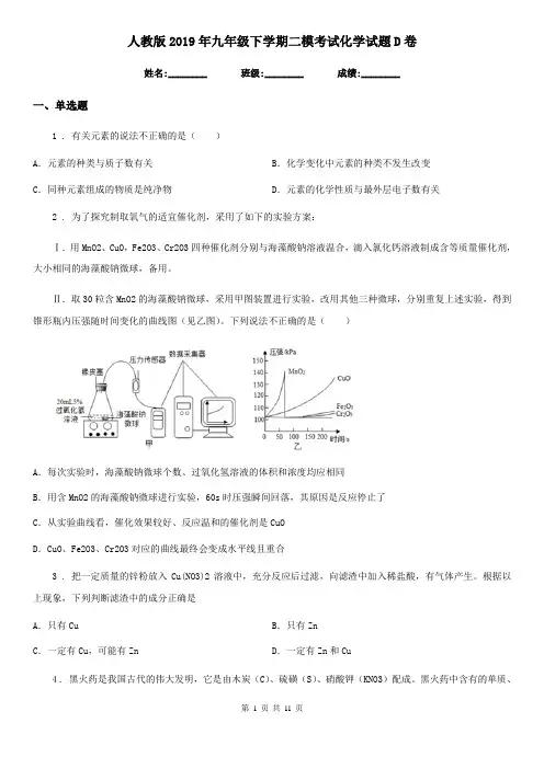 人教版2019年九年级下学期二模考试化学试题D卷