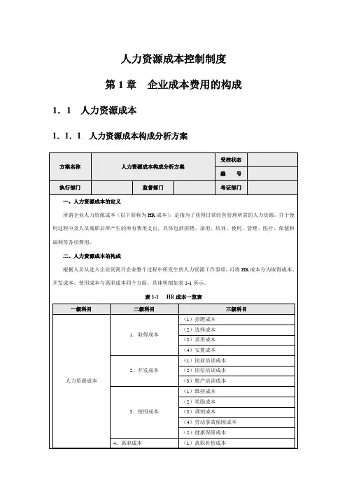 人力资源成本费用控制制度