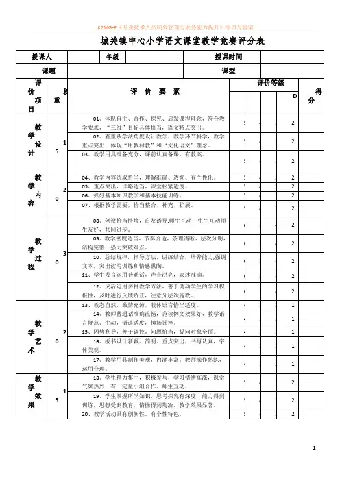 小学语文课堂教学竞赛评分表