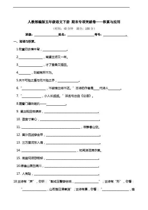 部编版语文五年级下册  期末积累与应用专项测试卷(含答案)